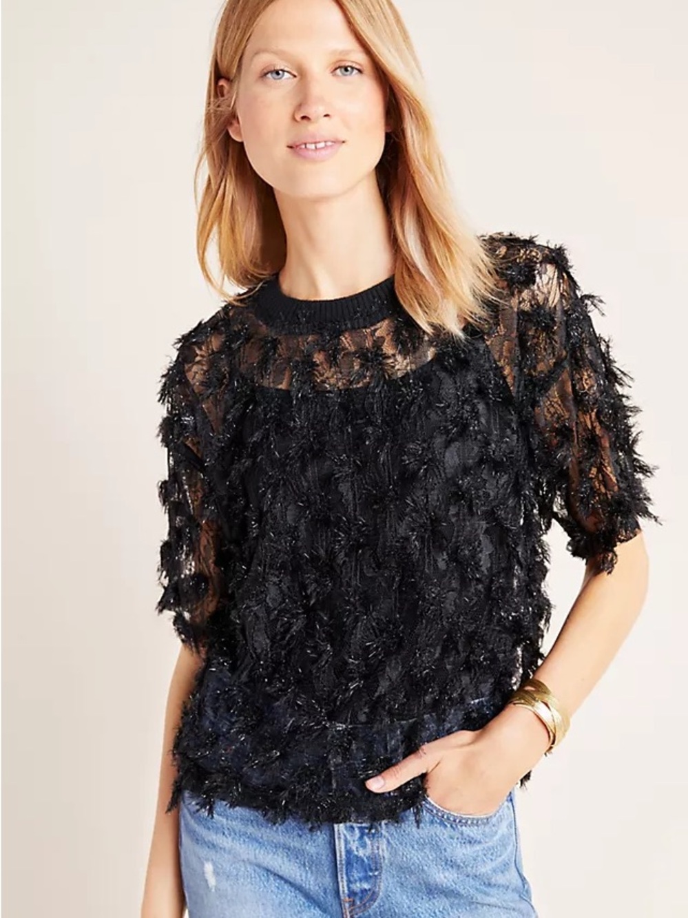 Anthro Fringe and Lace Short-Sleeve Top